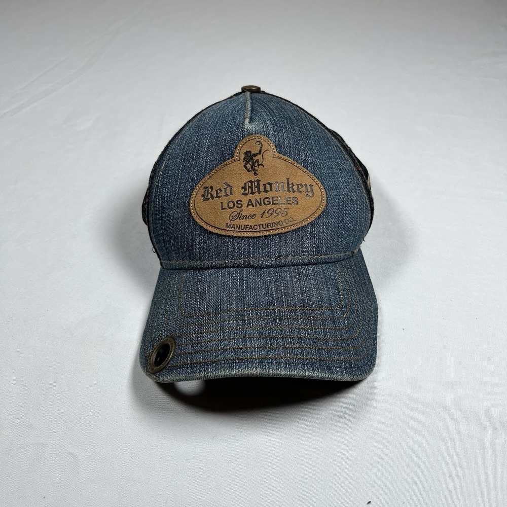 RED MONKEY LOSANGELES DENIM LEATHER MESH LIMITED TRUCKER CAP HAT Y2K STREETWEAR